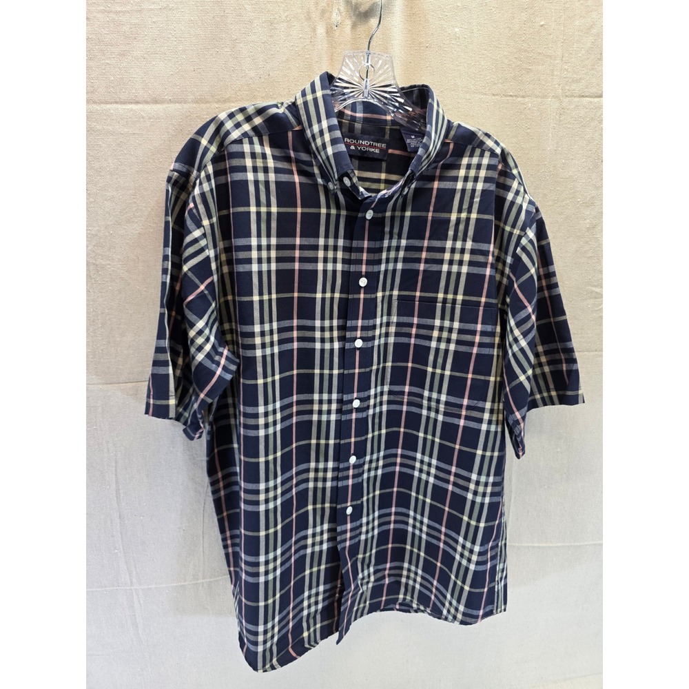 Roundtree & Yorke Mens Plaid Short Sleeve Button Down Shirt Navy Pink Size M